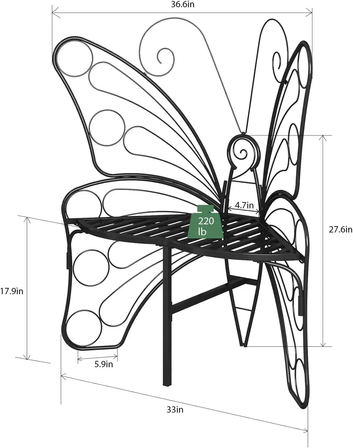 Butterfly Shaped Outdoor Bench, Black Garden Bench with Sturdy Stable Metal Frame, Outdoor Metal Chair Butterfly Bench