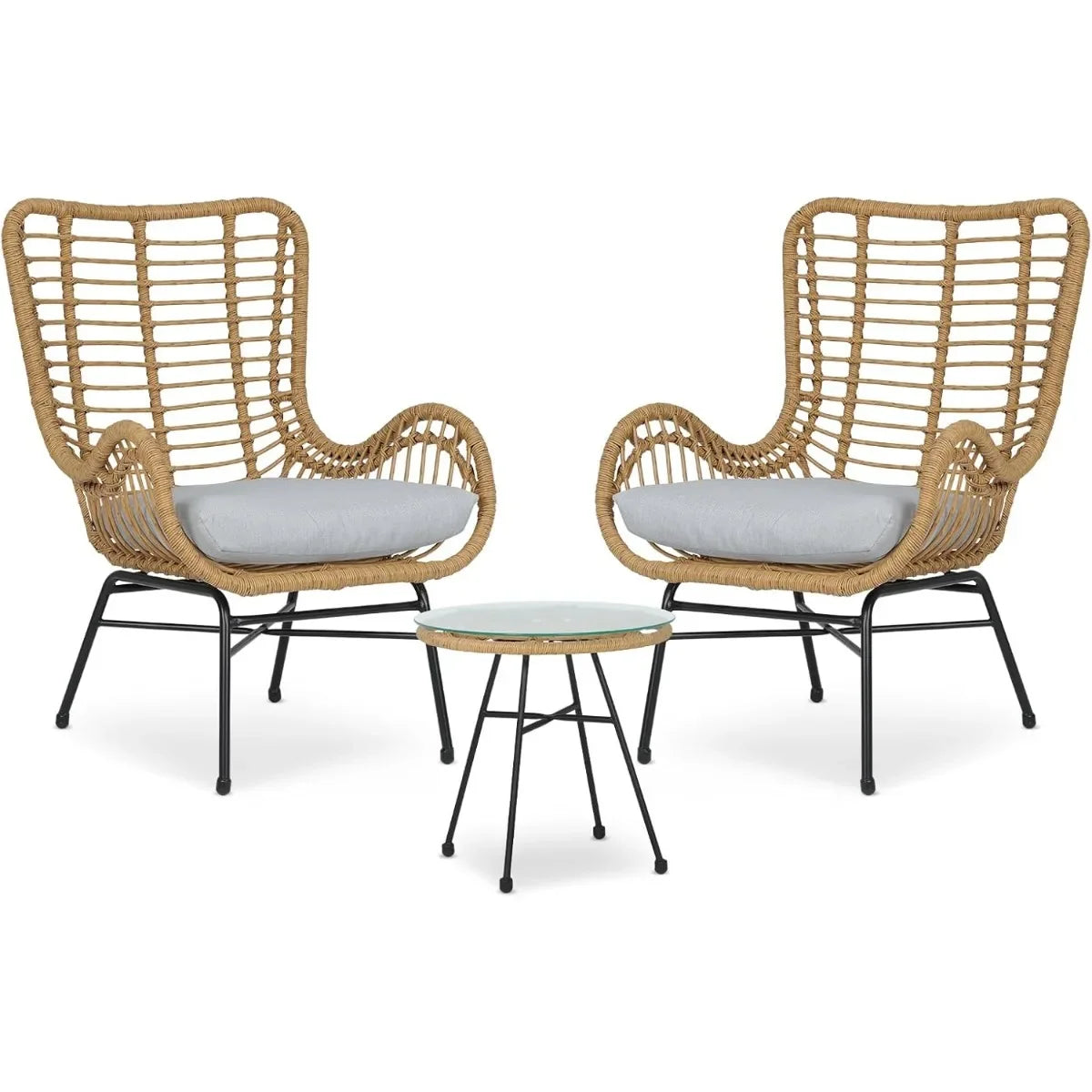 Modern 3 Piece Outdoor Rattan Set With Cushions Grey