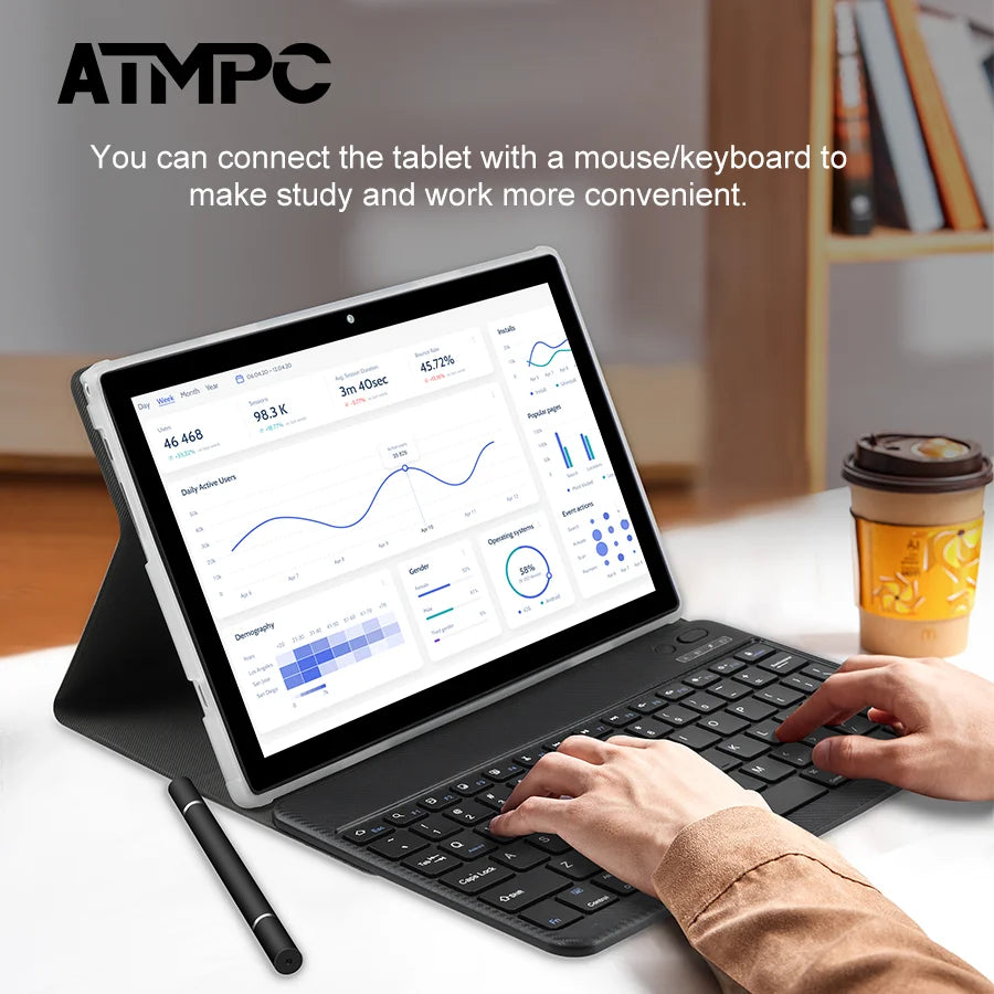 ATMPC 10.1 Inch Android 14, 12GB RAM, 128GB ROM, Octa-Core, BT 5.4, WIFI 6, With Keyboard, Mouse, Case, Stylus 2 In 1 Tablet PC