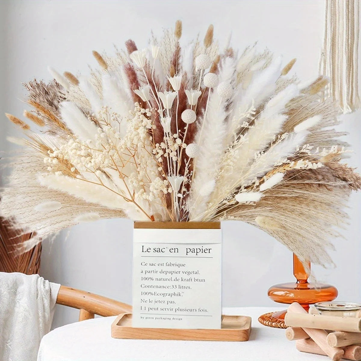 109Pcs Natural Dried Pampas Grass Bouquet with Bunny Tails Dried Flowers Pompas for Boho Home Decor, Wedding Floral