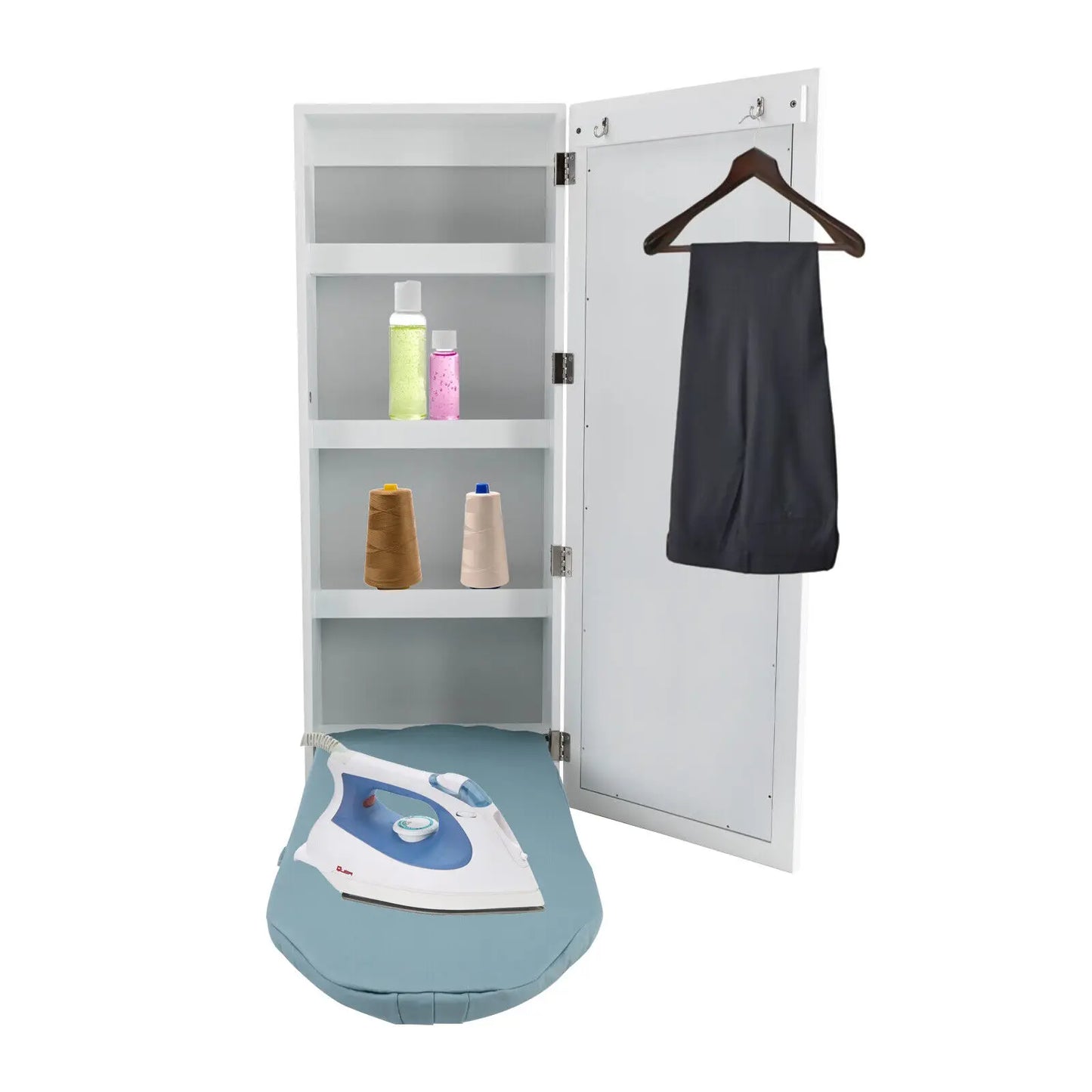 Household Hide Away Ironing Board Cabinet With 3 Tier Shelf & Mirror Wall Mount