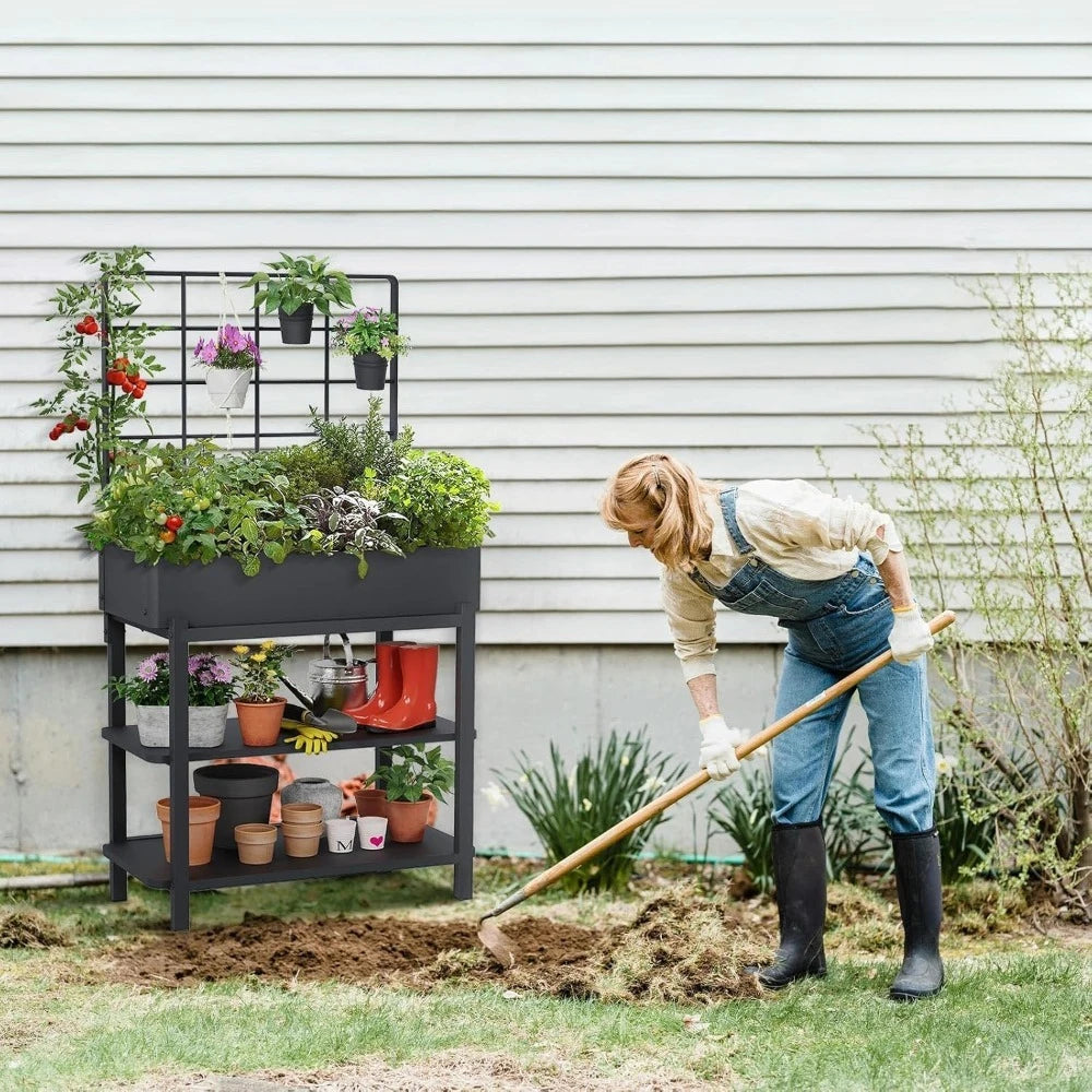 Hot-Sell! Elevated Planter Box with Trellis Raised Garden Bed with Legs Outdoor Standing Flower Beds for Patio Vegetable Herb