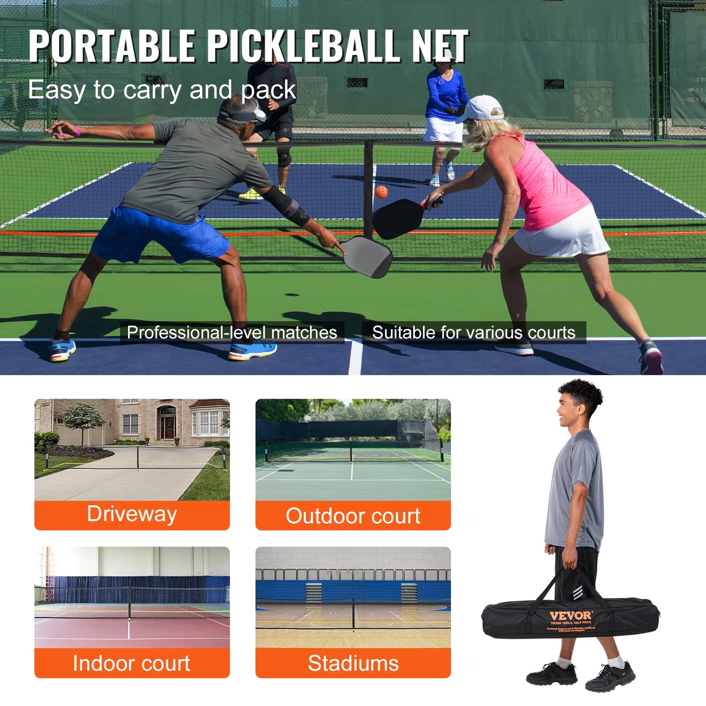 VEVOR Portable Pickleball Net System 22FT Full Court Official Regulation Size Pickle Ball Nets Indoor & Outdoor with Court Line