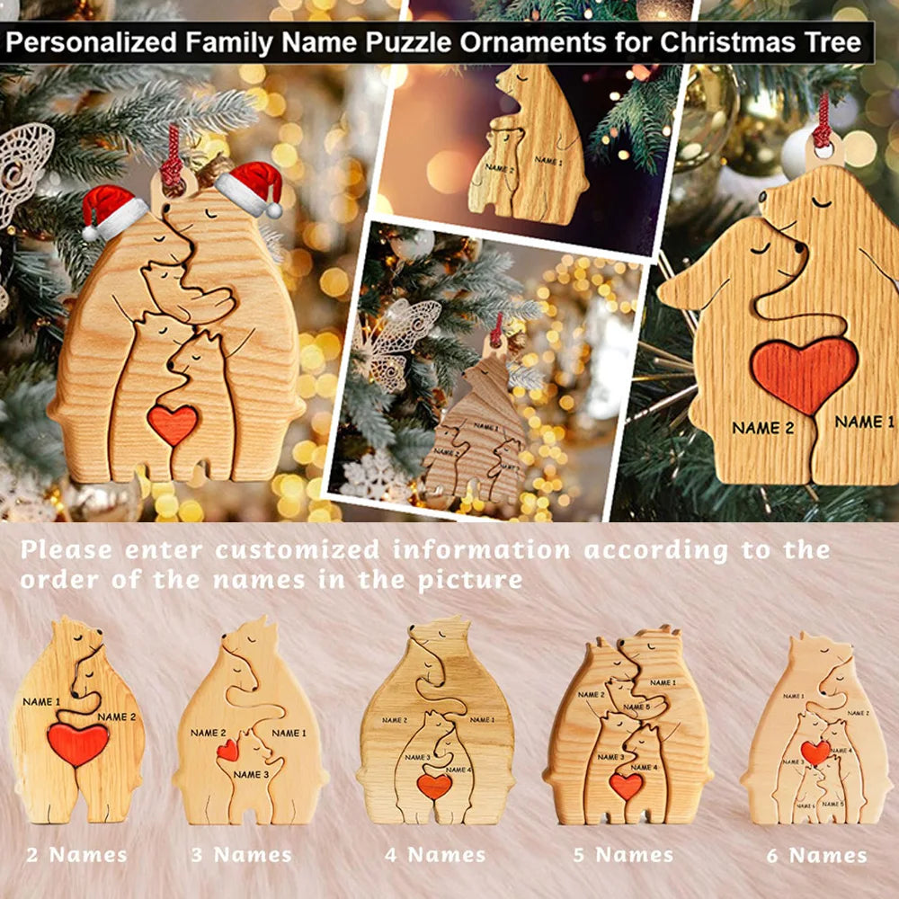 Personalized Custom Bear Family Wooden Puzzle DIY Free Engraving Name Sculpture Home Desk Decor Figurines Christmas Birthday Gift