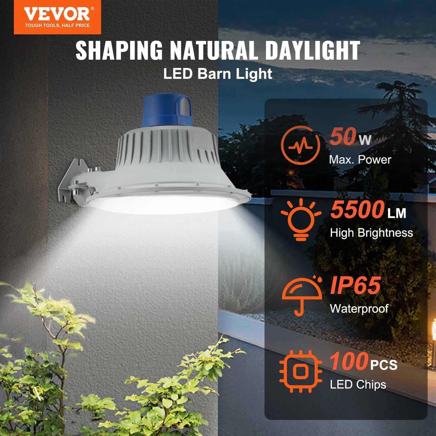 VEVOR LED Barn Light 50W 5500LM 6000K Daylight Flood Light