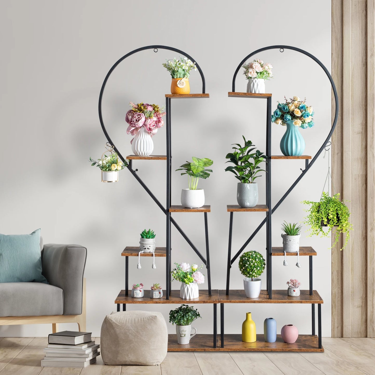 Artisasset 2pcs 6 Layers Half Heart Iron Wood Suitable For Garden Balcony Patio Lawn Home Decoration Plant Stand Flower Pot Stan
