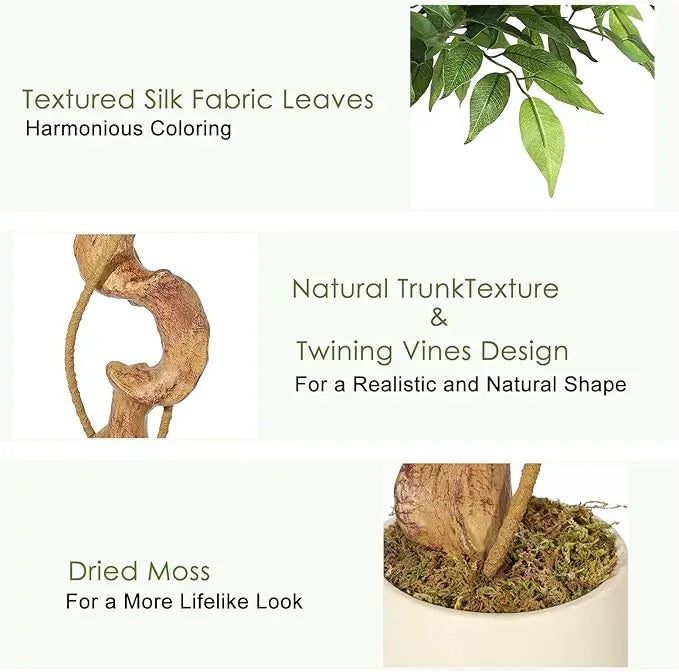 Ficus Artificial Tree with Curved Trunk Plant Fake Silk Trees with White Pot Ficus Tree for Home Decor, Artificial Plants Indoor