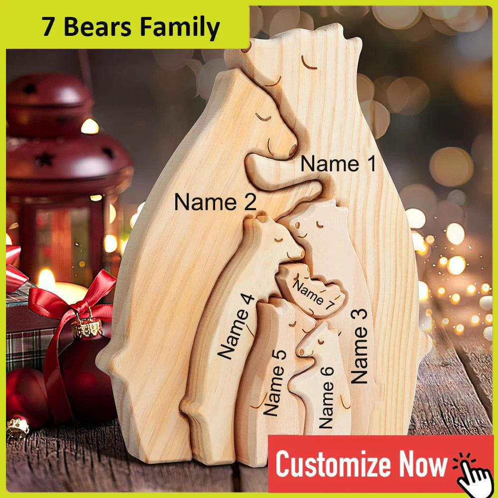 Personalized Custom Bear Family Wooden Puzzle DIY Free Engraving Name Sculpture Home Desk Decor Figurines Christmas Birthday Gift