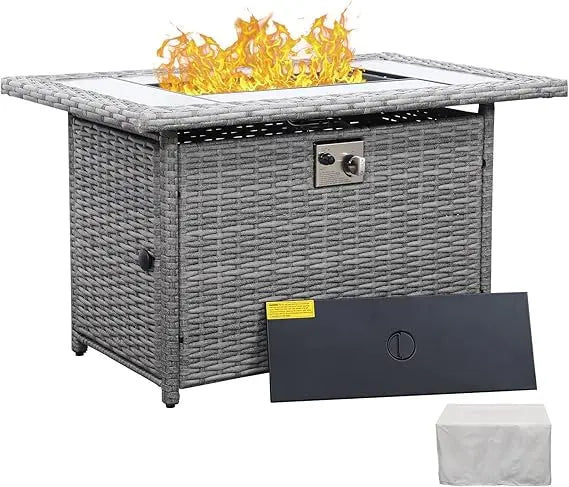 45-Inch 60,000 BTU Wicker Gas Fire Pit Table: Woodgrain Marble Top & Cover for Outdoor Use