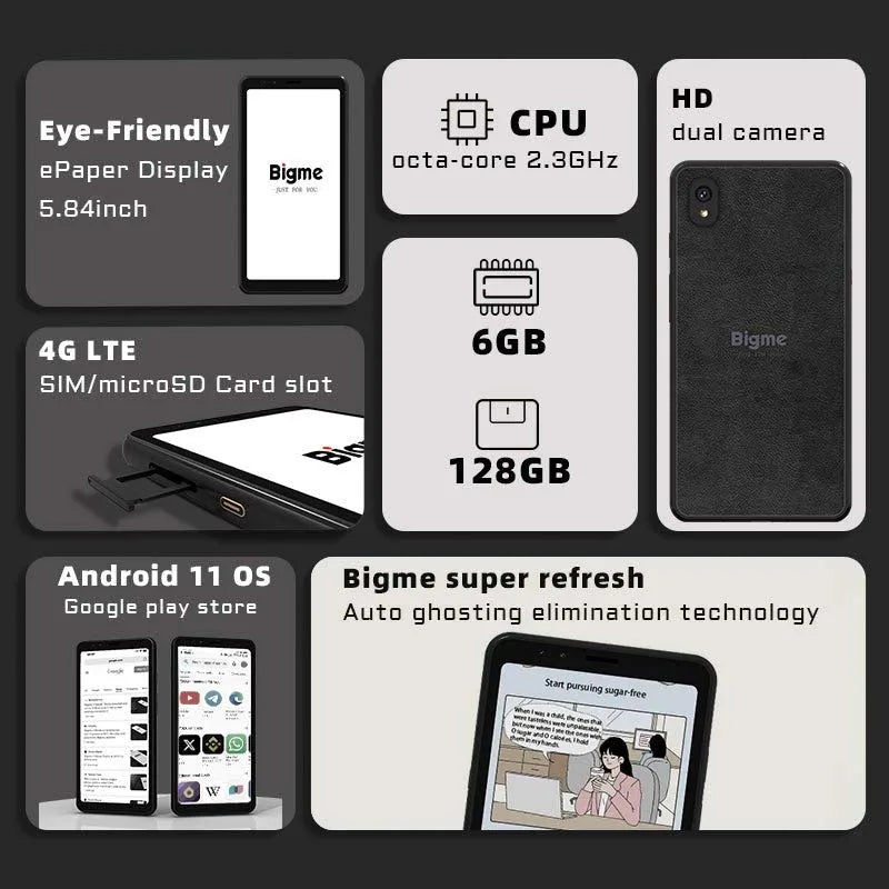 Bigme Hibreak 5.84'' Electronic ebook reader and E-ink Screen smartphone Eink Book Ereader Android11 Support Google Play