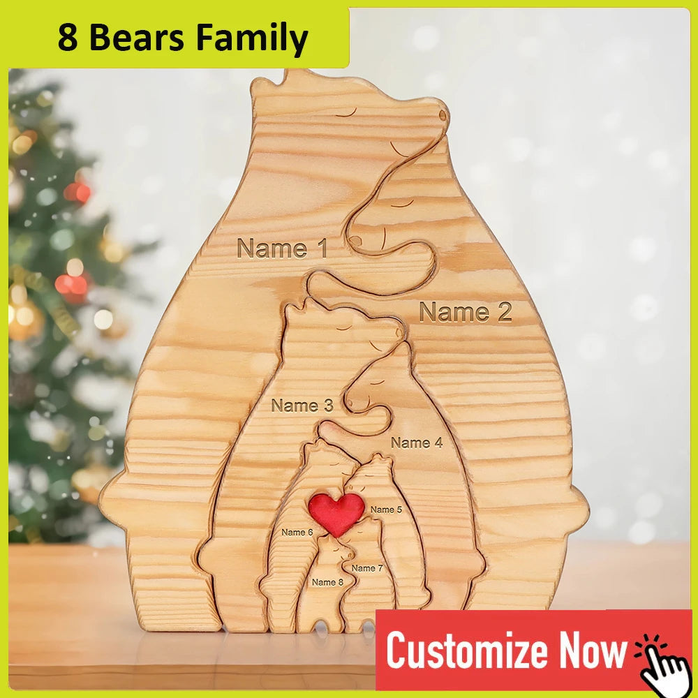 Personalized Custom Bear Family Wooden Puzzle DIY Free Engraving Name Sculpture Home Desk Decor Figurines Christmas Birthday Gift