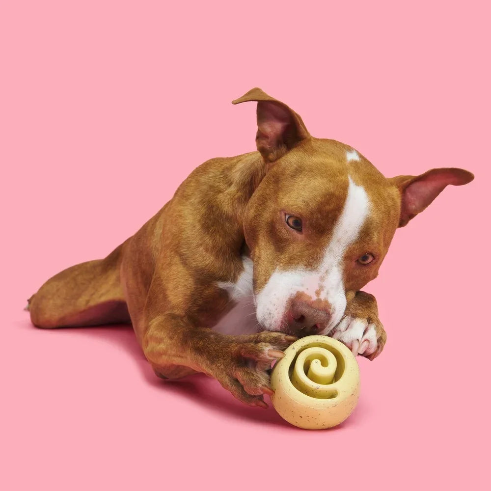 Cinnamutt Roll Dog Toy Super Chewer Vanilla Scented Rubber Wobble Base Peanut Butter Freezer Safe Chewable Durable Fun