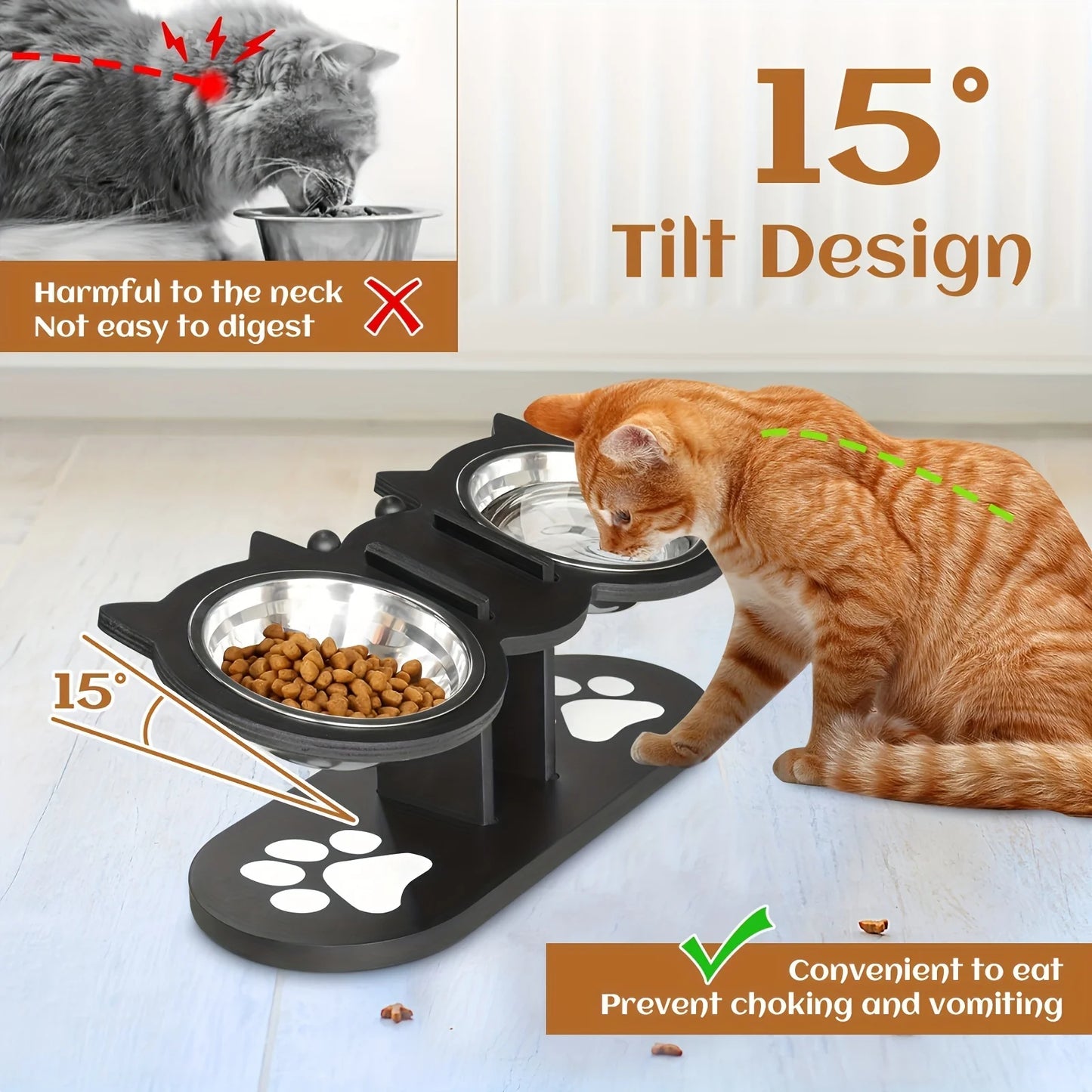 Elevated Tilted Cat Bowls 15 Degree Tilt With Wooden Stand Anti Vomiting 3 Stainless Steel Bowls For Cats And Puppies