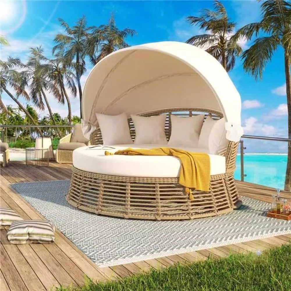 Patio Rattan Round Daybed with Retractable Canopy, Wicker Sofa Sunbed with Removable Cushions,for Outdoor Backyard Porch Lawn Ga