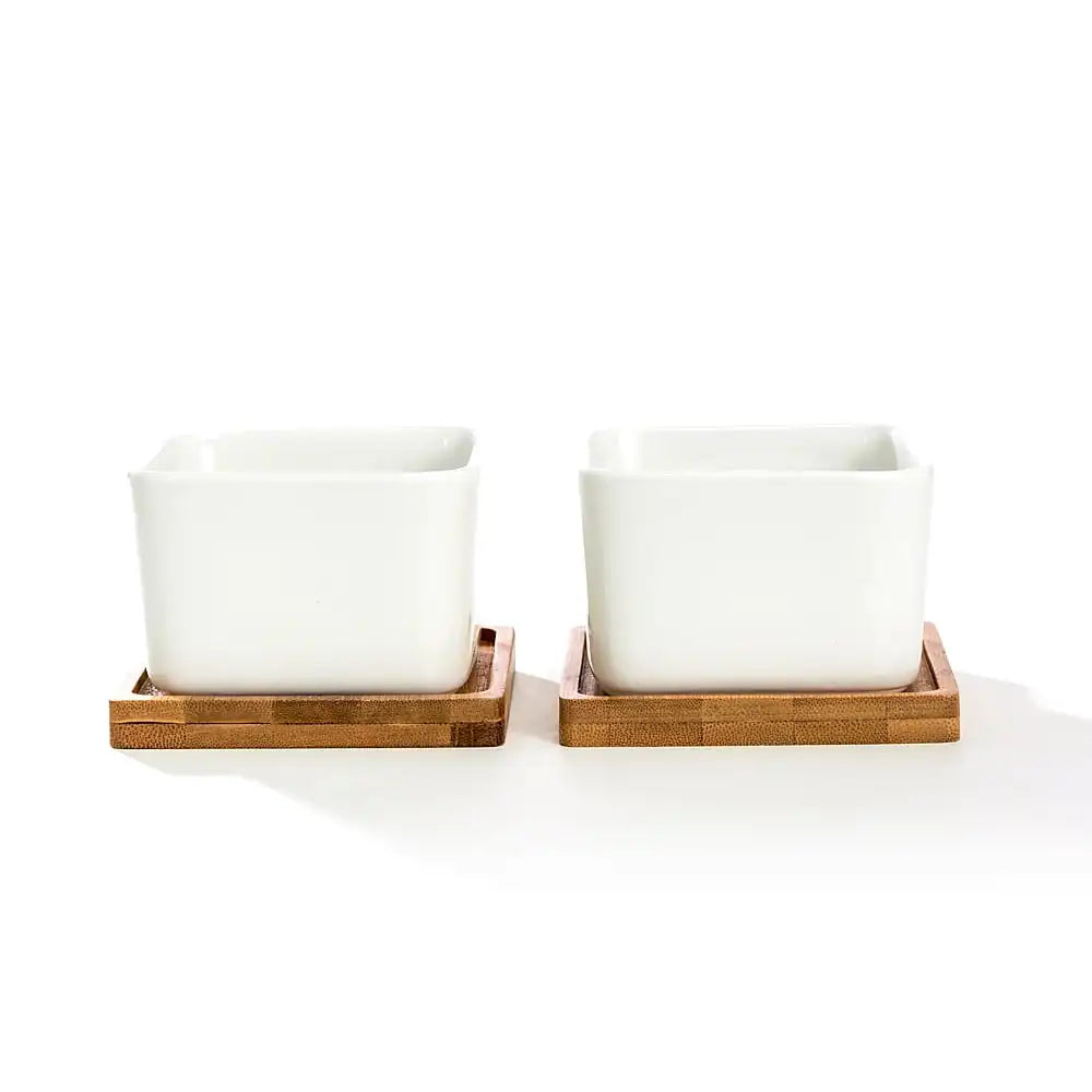 Two White Ceramic Pots With Bamboo Saucers For Succulents