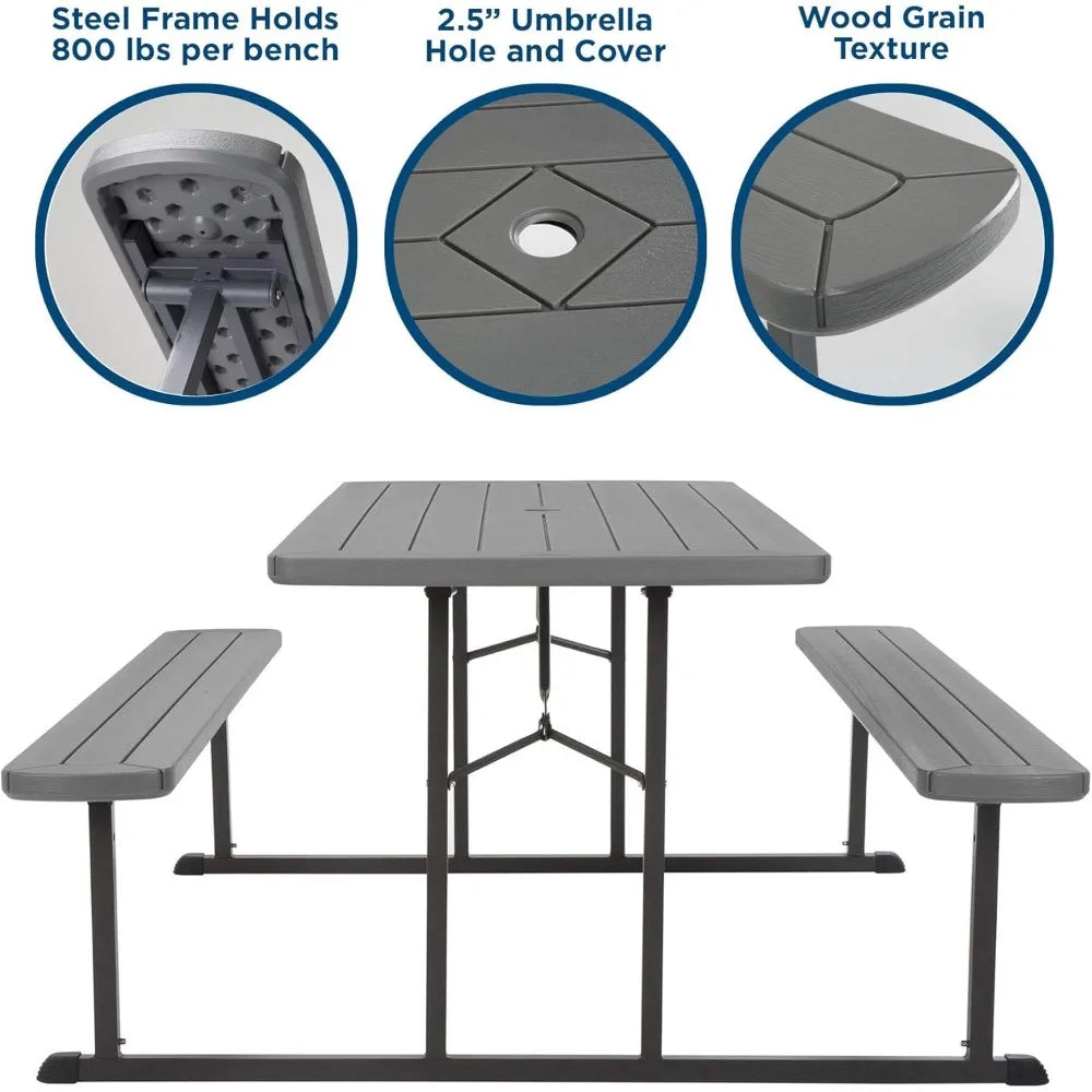 Outdoor Folding Picnic Table 6 Ft Dark Gray Woodgrain Resin