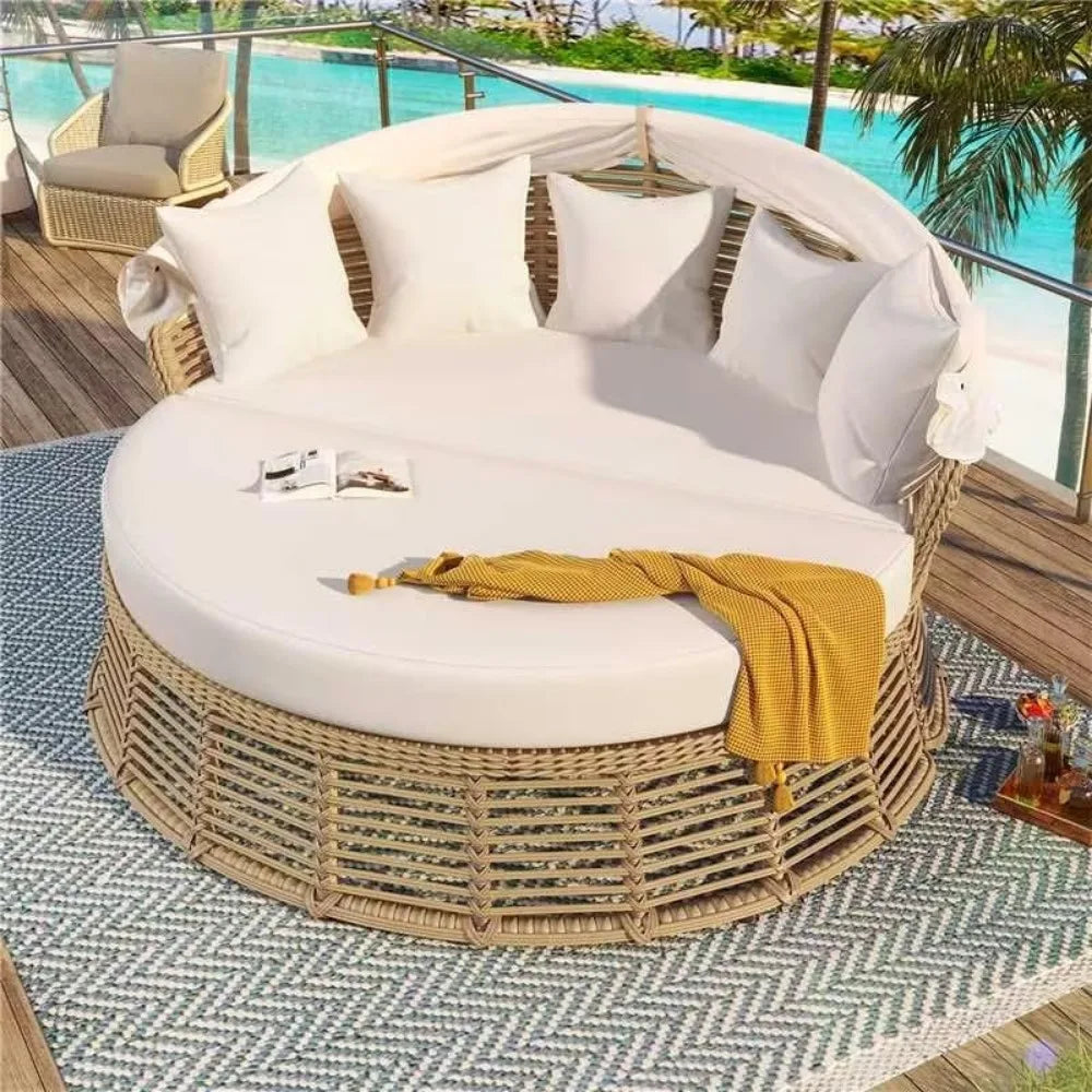 Patio Rattan Round Daybed with Retractable Canopy, Wicker Sofa Sunbed with Removable Cushions,for Outdoor Backyard Porch Lawn Ga