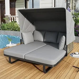 Patio Rattan Round Daybed with Retractable Canopy, Wicker Sofa Sunbed with Removable Cushions,for Outdoor Backyard Porch Lawn Ga