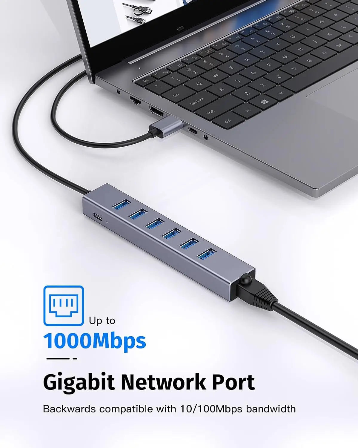 FORIDA 8 IN 1 USB 3.0 Hub 5Gbps 47.2inch Long Cable Network HUB 5V/3A Power Port 6PCS USB A 3.0 Adapter for Laptop PC