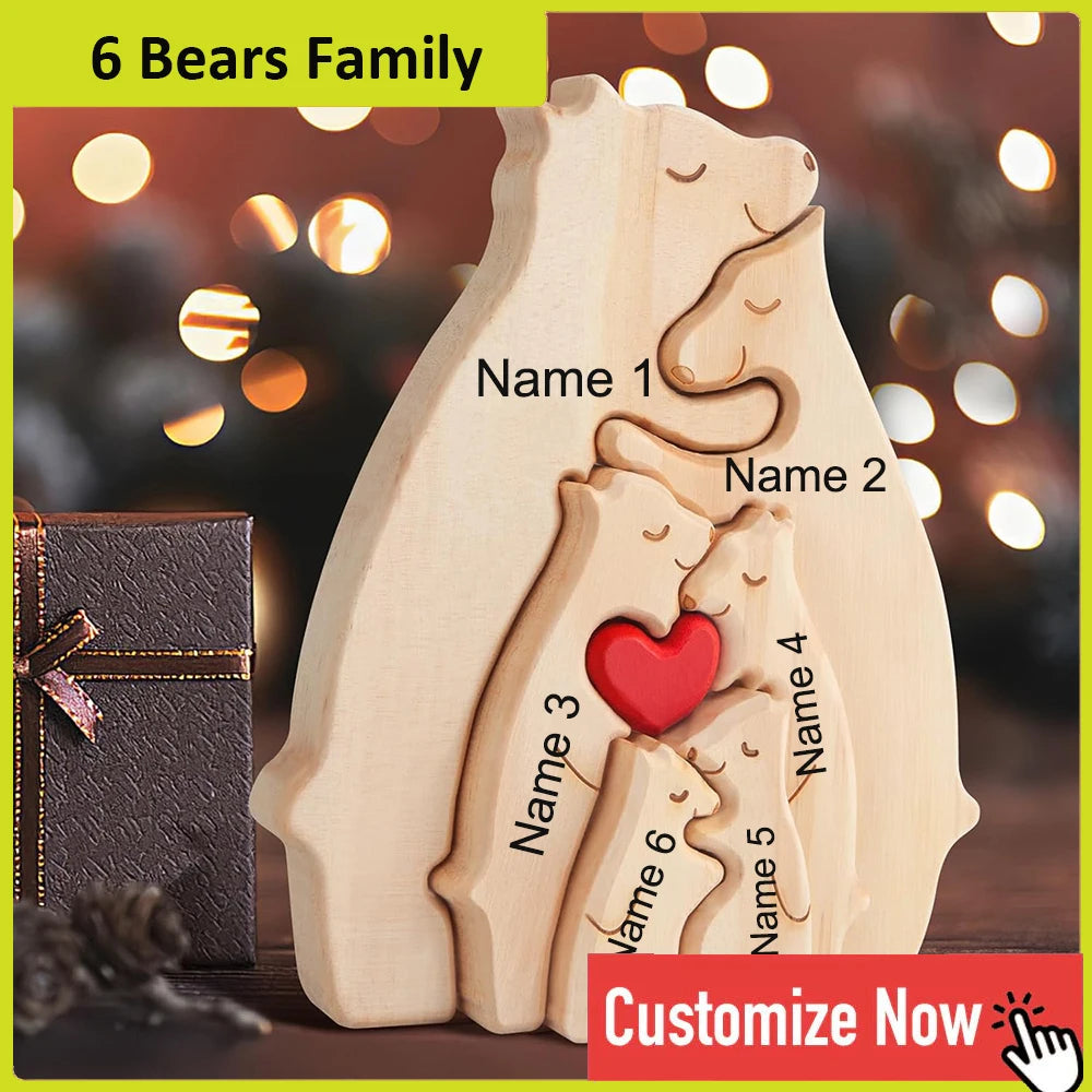 Personalized Custom Bear Family Wooden Puzzle DIY Free Engraving Name Sculpture Home Desk Decor Figurines Christmas Birthday Gift