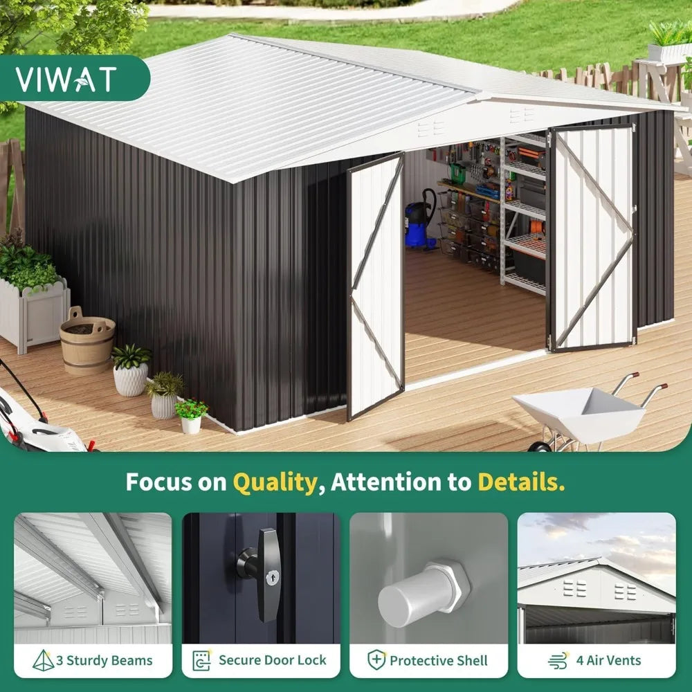 12x14 Foot Outdoor Storage Shed With Lockable Doors White