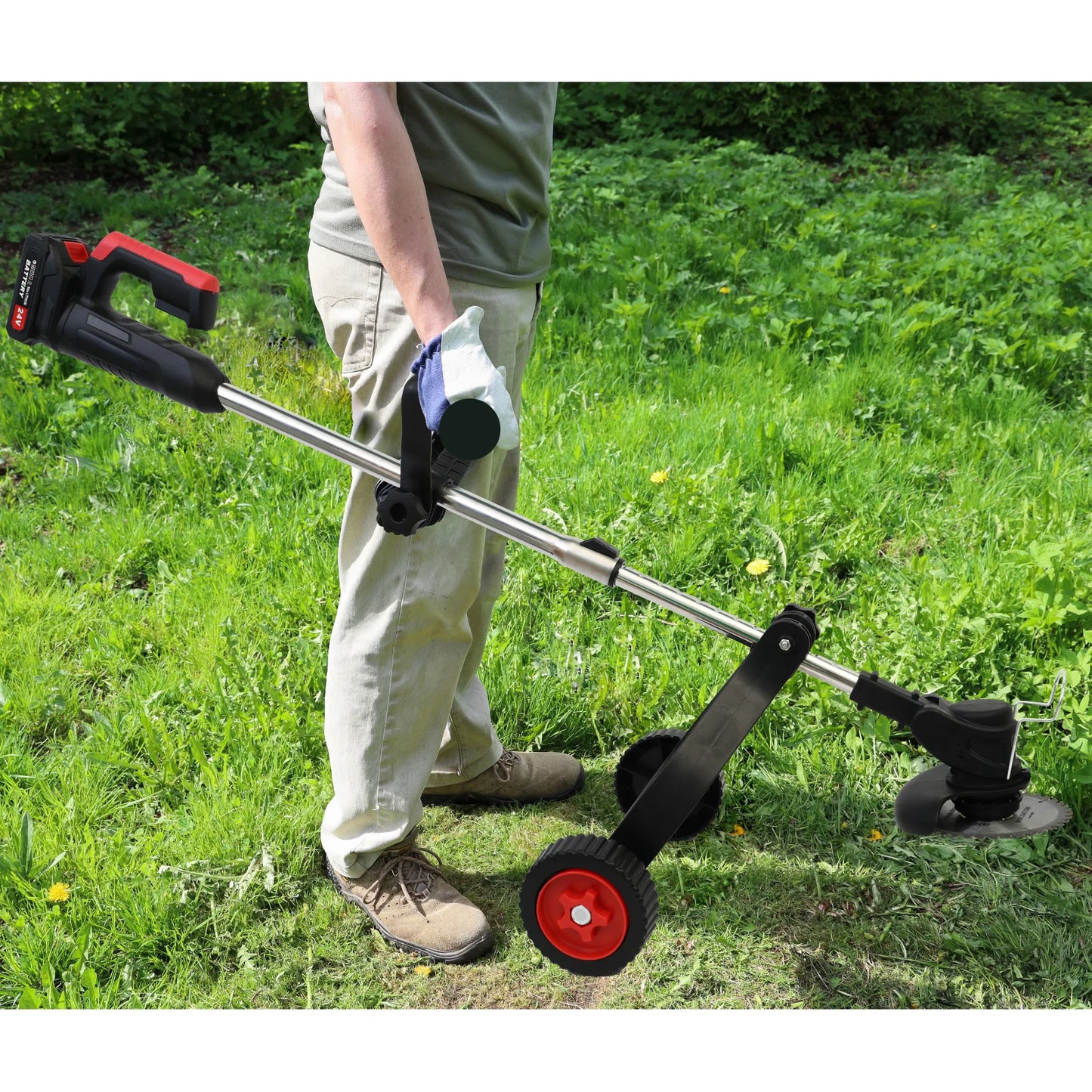 Electric Weed Trimmer Cordless Electric Lawn Mower Red 21V with 5c 1.5Ah Lithium-Ion Battery Tool for Lawn Care and Garden Yard