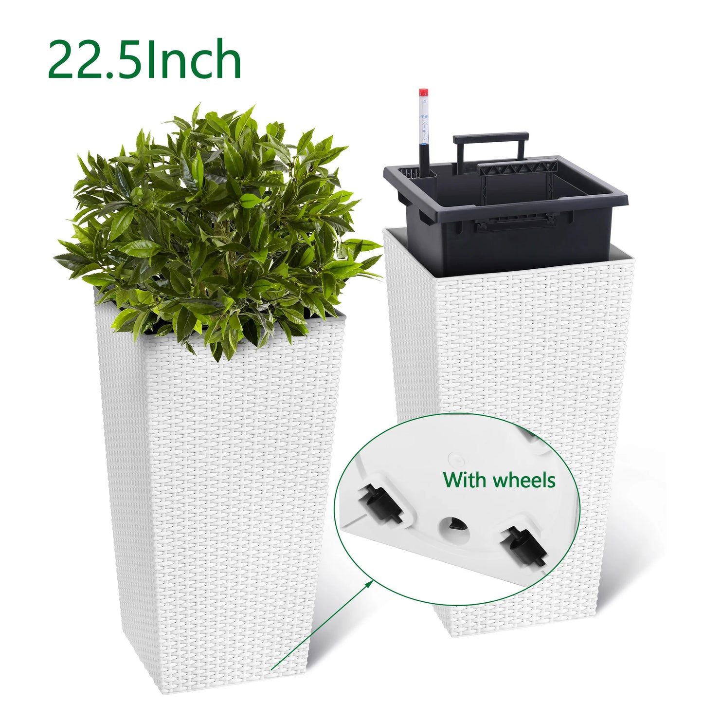 Outdoor Planters 16" Tall Flowers Plant Pots Set of 2 with Tray, Wicker Design & Water Level Gauge Indoor/Outdoor Garden Decor