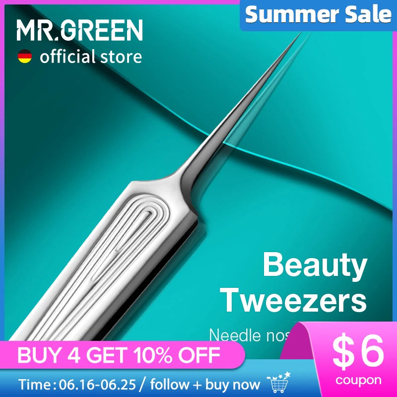 MR.GREEN Ingrown Hair Tweezers Needle Nose Pointed Tips Eyebrows Tweezers For Splinters Blackhead Removal Acne Clip Extractor