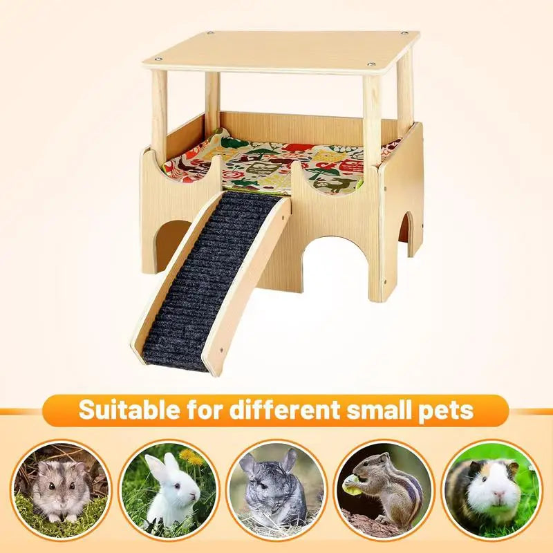 Chinchilla House Double-Layer Wood Hamster House Playground Small Animal Toys Shelter With Ladder Chinchilla Cage Accessories
