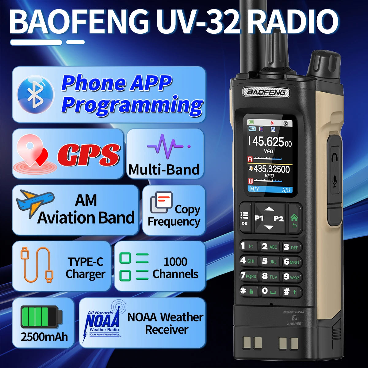 Walkie Talkie Baofeng UV-32 Multi Band 10W GPS Bluetooth Programming Amateur AM Two Way Radio with 2.0" Screen Type-C Ham Radio