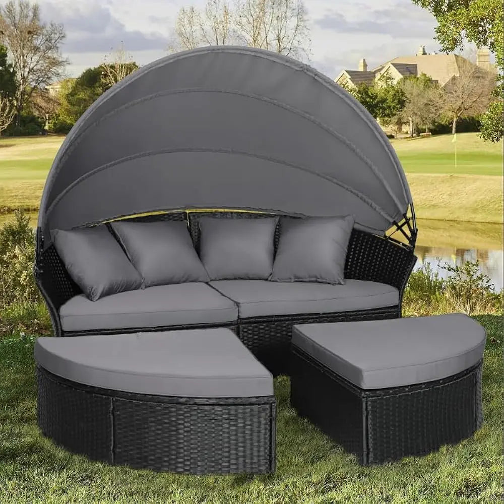 Garden Sofa Bed W/Washable Cushions, Sofa Bed Round Daybed W/Clamshell Sectional Seating Wicker Furniture & Retractable Canopy