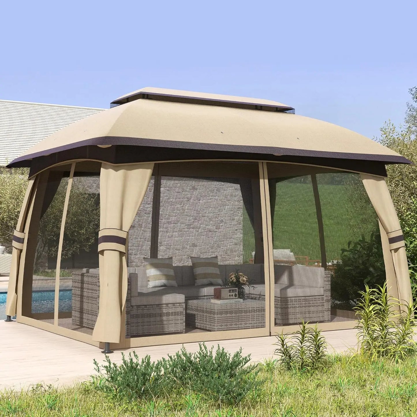 10' x 13' Patio Gazebo, Outdoor Gazebo Canopy Shelter with Netting, Steel Frame for Garden, Lawn, Backyard, and Deck, Beige