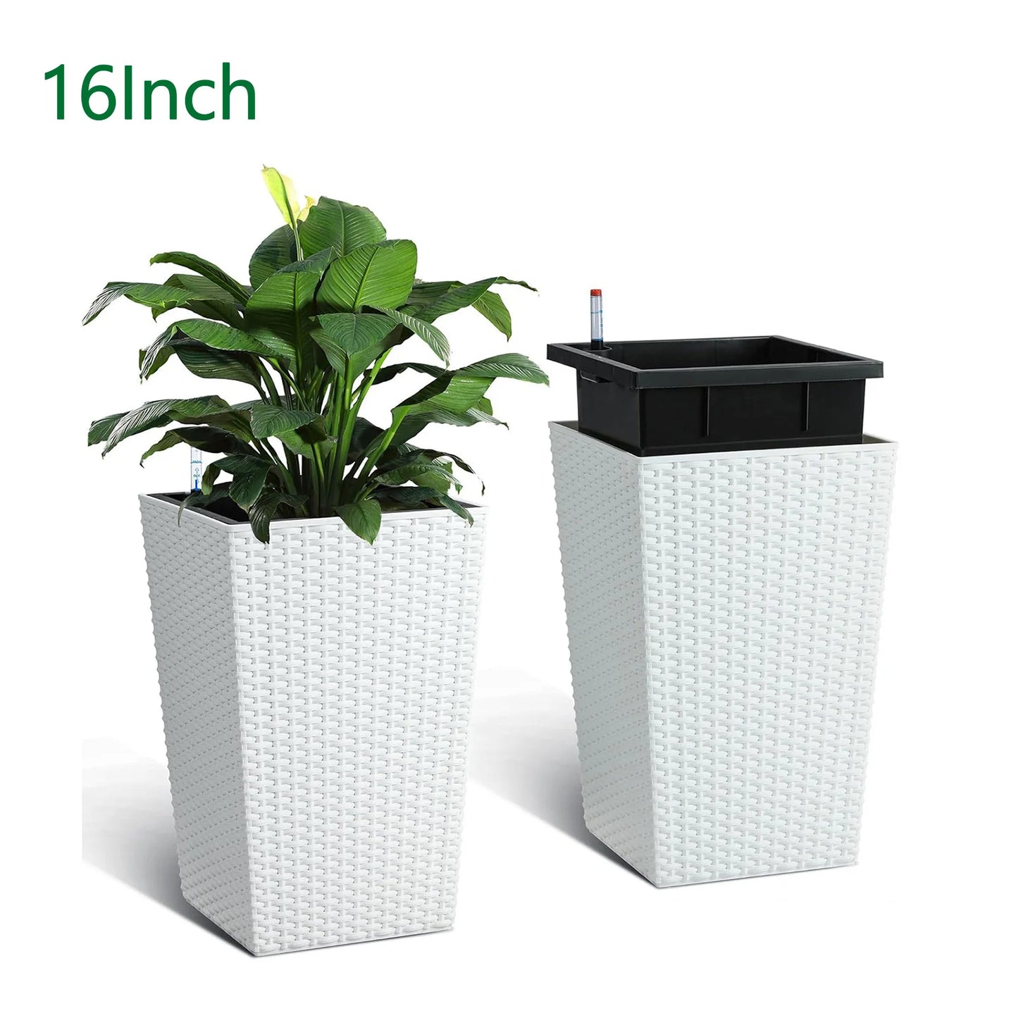 Outdoor Planters 16" Tall Flowers Plant Pots Set of 2 with Tray, Wicker Design & Water Level Gauge Indoor/Outdoor Garden Decor