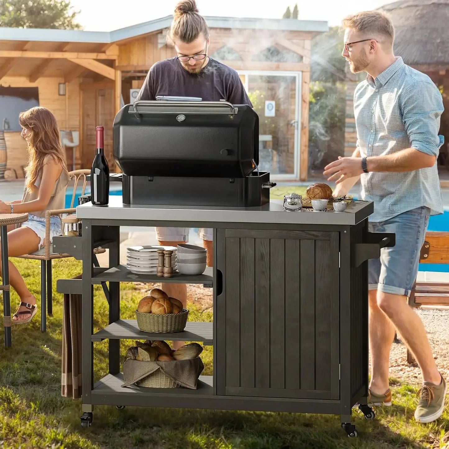 XL Solid Wood Outdoor Grill Cart With Spice Rack And Table
