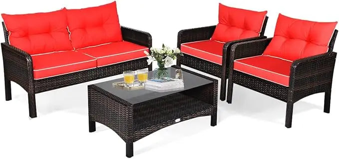 4 Pieces Rattan Patio Conversation Set with Chairs Loveseat Cushions and Glass Top Coffee Table