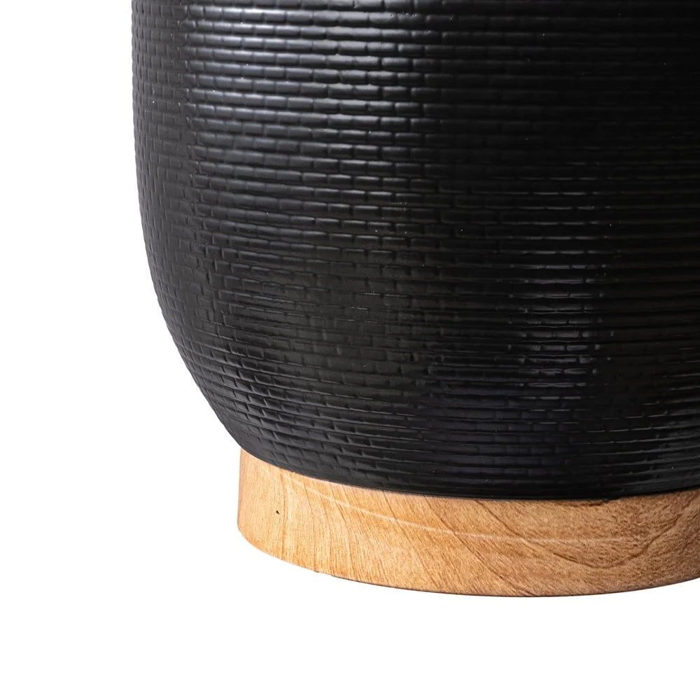 10 Inch Black Ceramic Planter With Wood Base Drainage