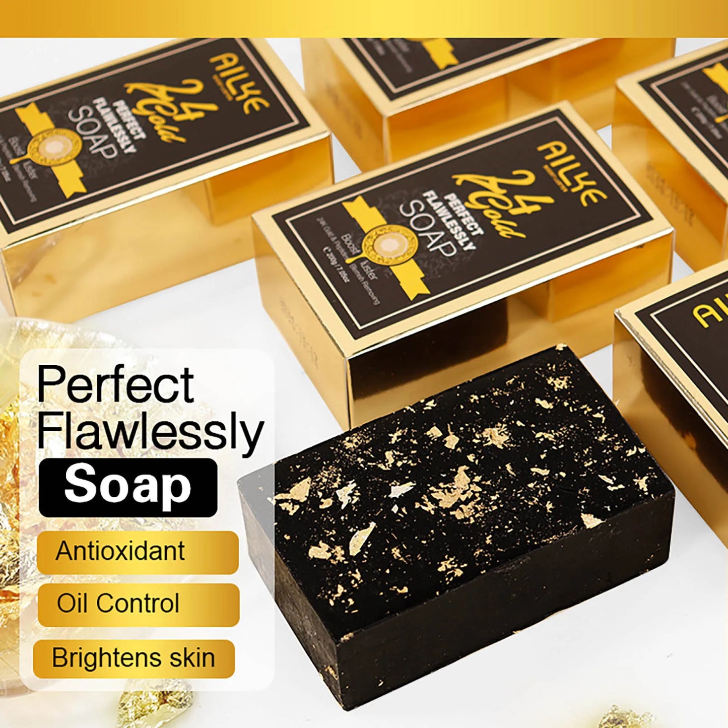 AILKE 24k Gold Perfect Flawlessly Soap, Brighten Skin, Oil Control, Exfoliating, Long-Lasting Scent, For Face & Body, 200g/7 oz