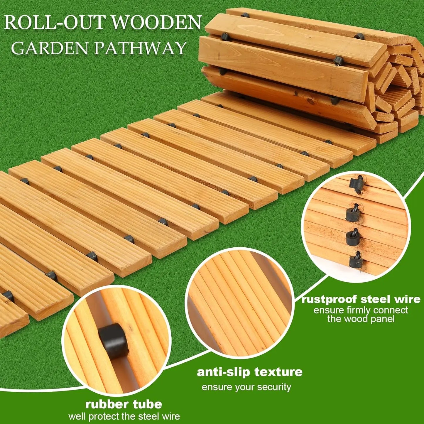 10FT Wooden Garden Pathway Outdoor Roll Out Decorative Walkway Hardwood Non-Slip Weather-Resistant