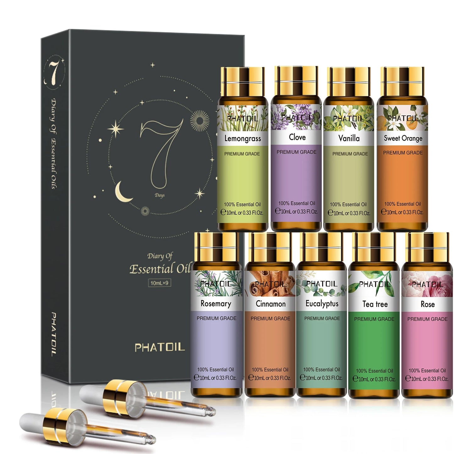 Phatoil 9pcs Gift Set 10ml Pure Natural Essential Oils Kit Vanilla Sandalwood Neroli Helichrysum Lemon Eucalyptus Spearmint
