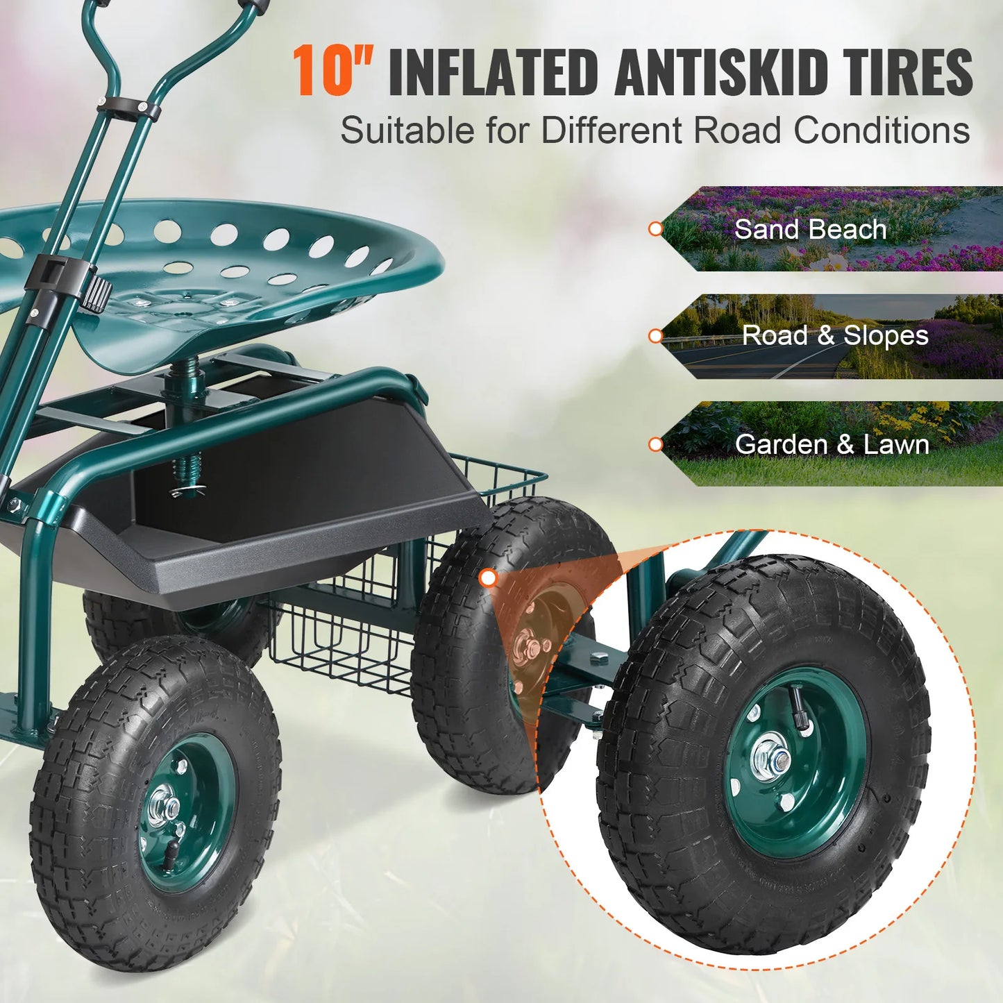 Garden Cart Rolling Workseat With Wheels 360 Swivel Seat