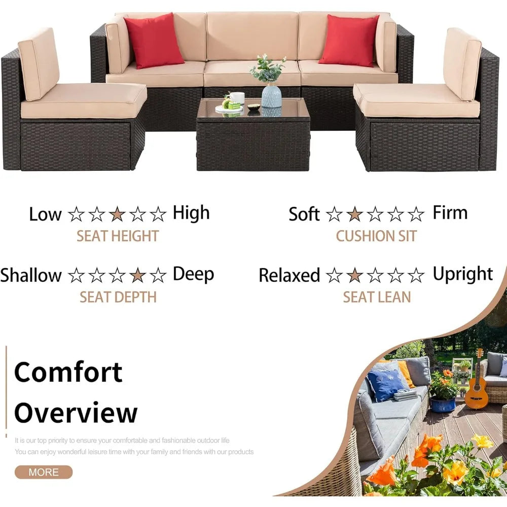Six Piece Patio Garden Set With PE Rattan Glass Table