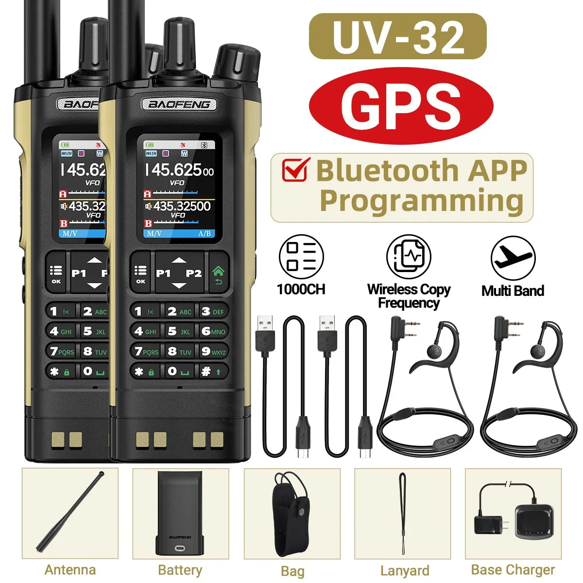 Walkie Talkie Baofeng UV-32 Multi Band 10W GPS Bluetooth Programming Amateur AM Two Way Radio with 2.0" Screen Type-C Ham Radio