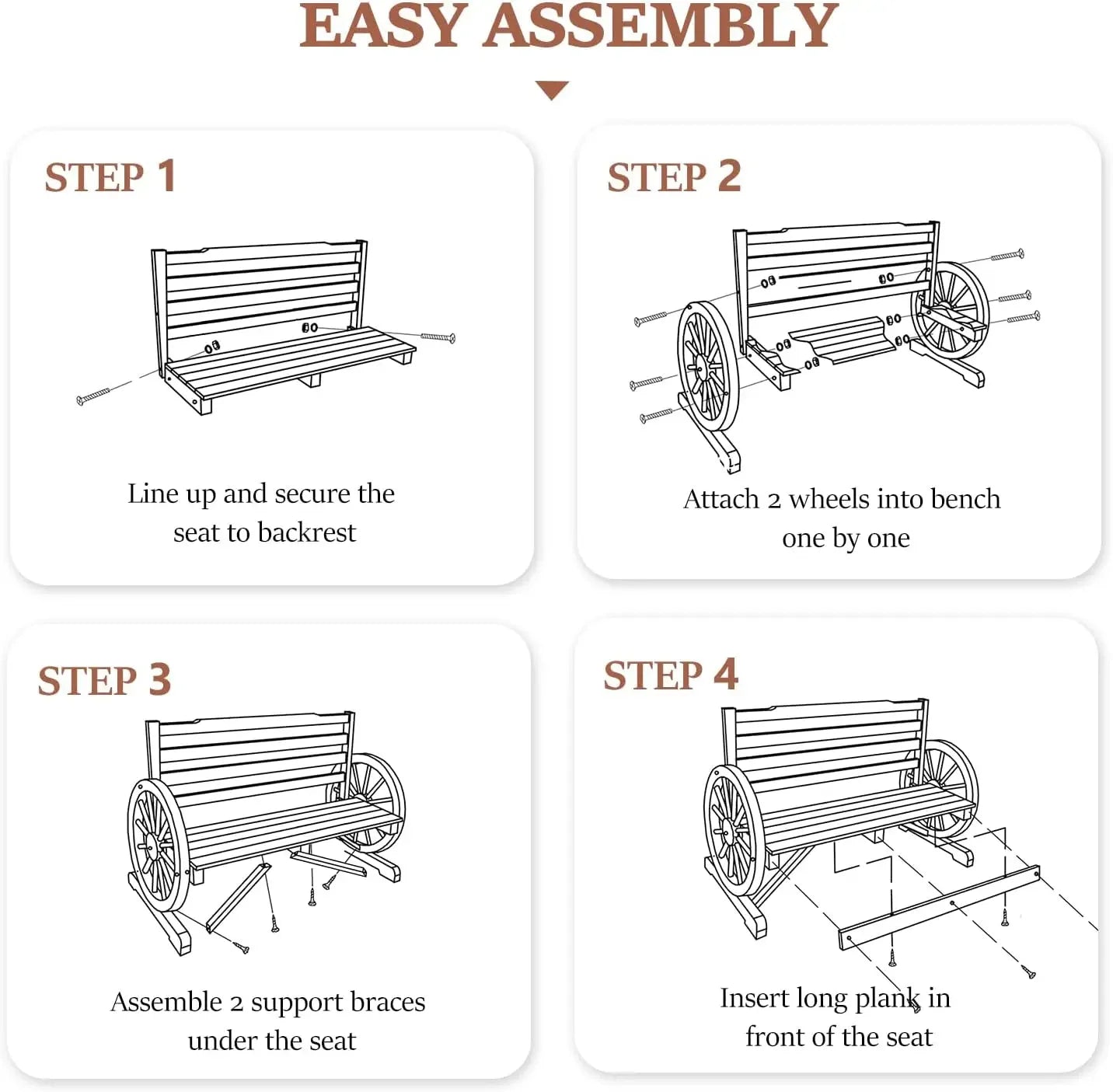 Outdoor Rustic Wooden Bench With Wagon Wheel Arms 3 Seats