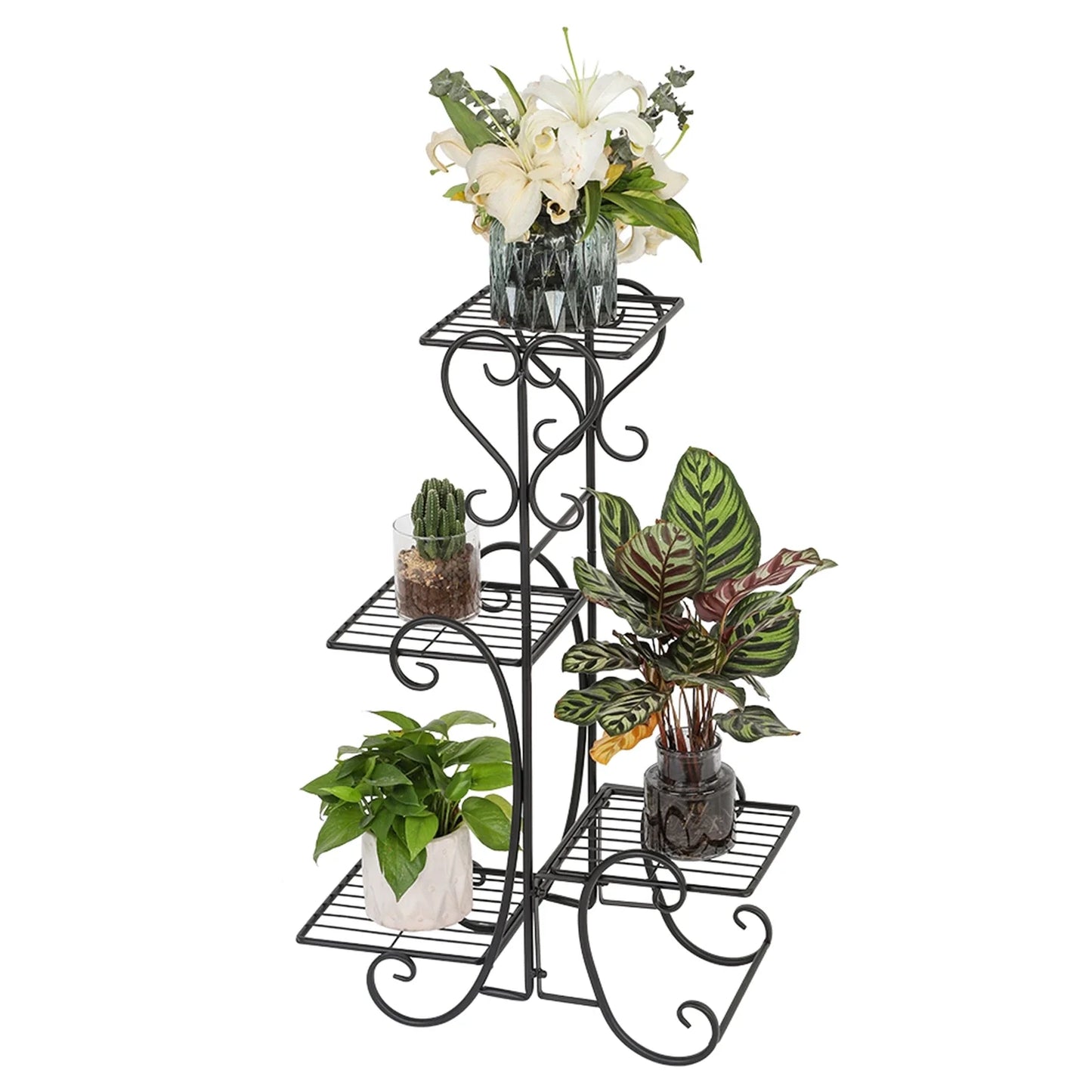 4 Potted Square Flower Metal Shelves Plant Pot Stand Decoration for Indoor Outdoor Garden Black