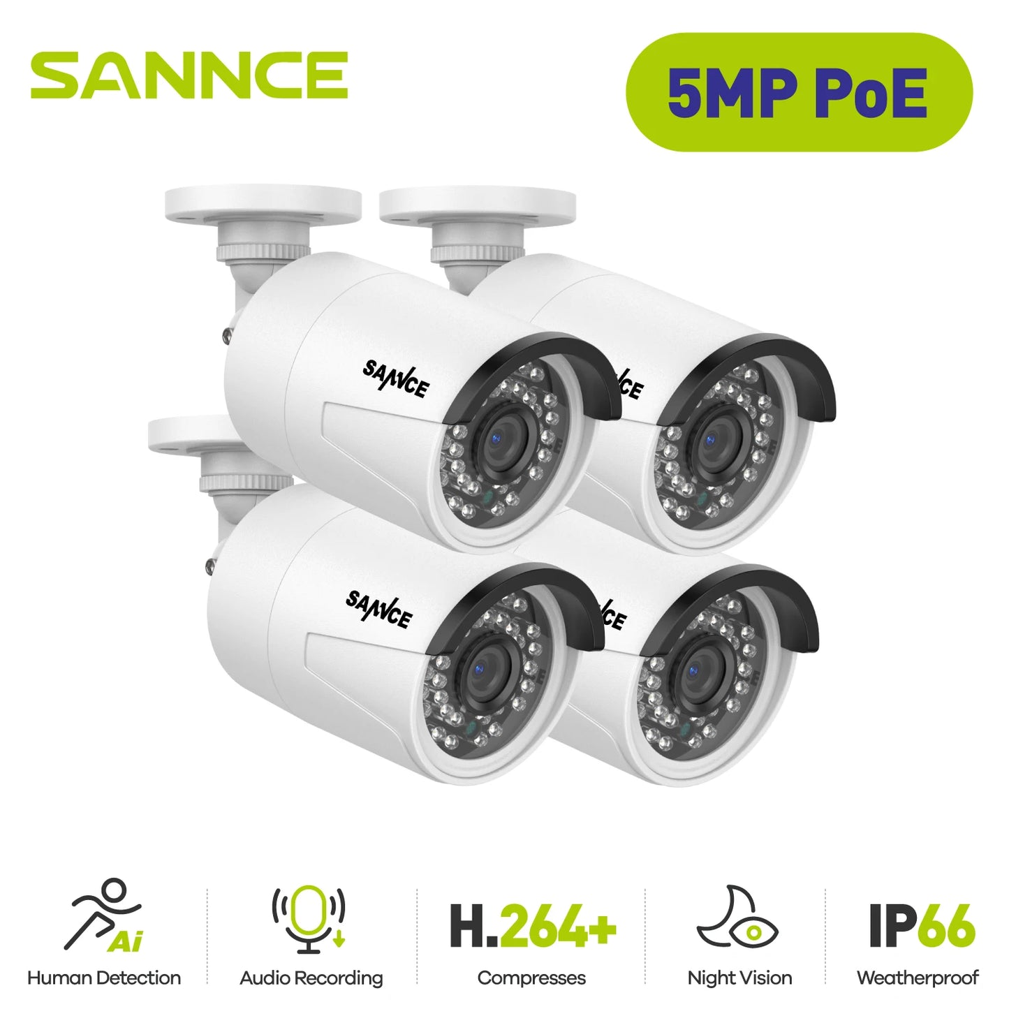 SANNCE 2PCS Ultra HD 5MP POE Camera Outdoor Indoor Weatherproof Security Network Bullet EXIR Night Vision Email Alert Camera Kit