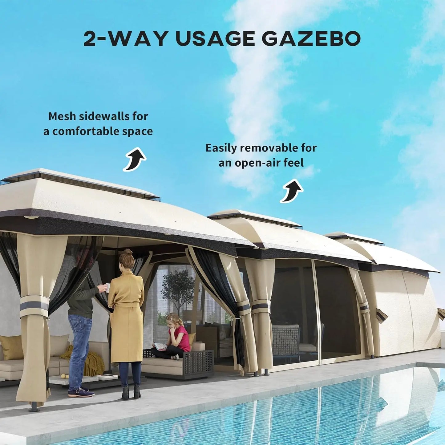 10' x 13' Patio Gazebo, Outdoor Gazebo Canopy Shelter with Netting, Steel Frame for Garden, Lawn, Backyard, and Deck, Beige