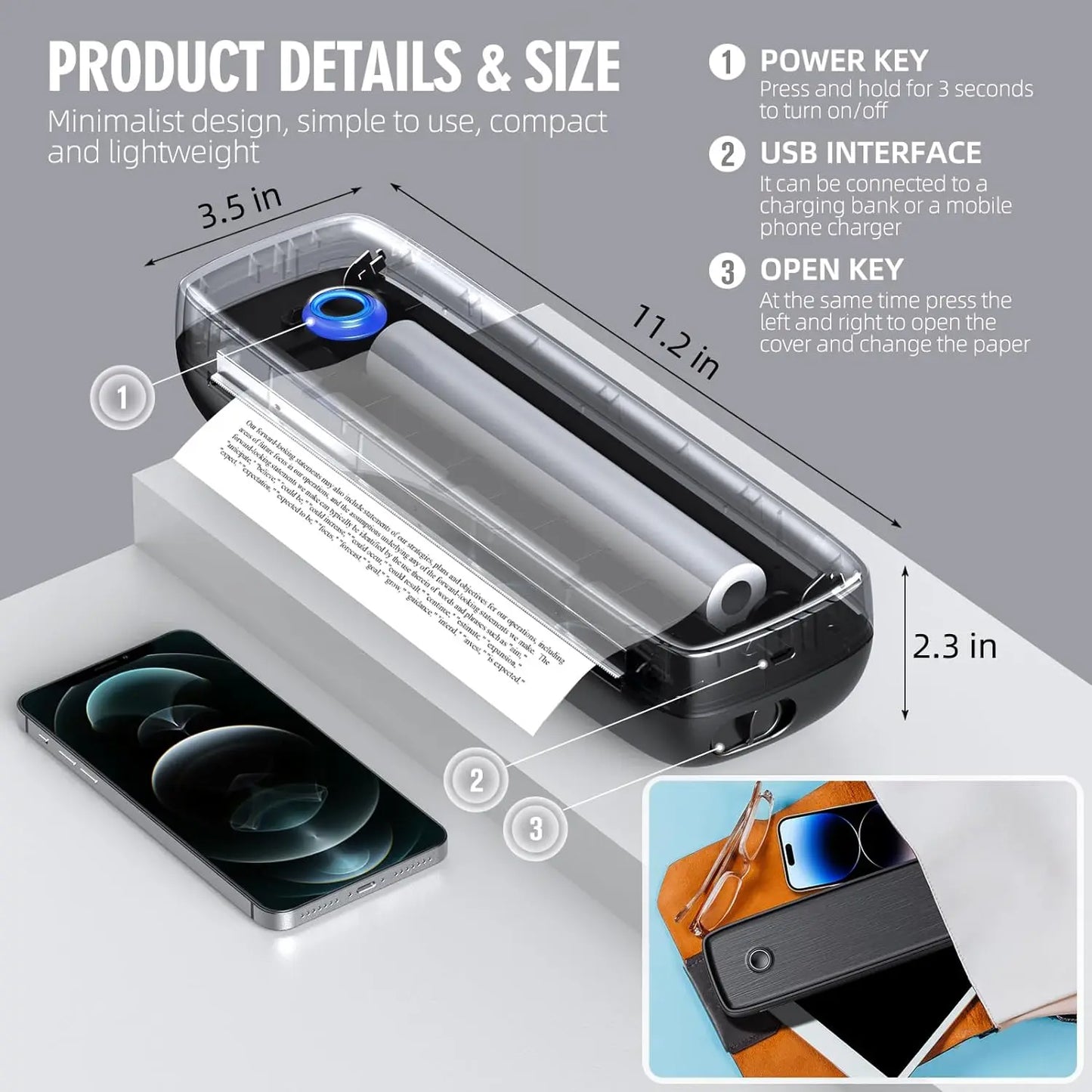 Portable Wireless Bluetooth Thermal Inkless Printer - Support US Letter &Legal, Thermal Paper, Compatible with iOS, Android&Lapt