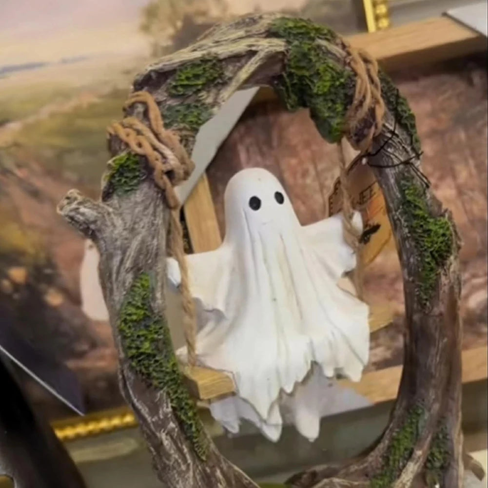 Ghost On Tree Swing Resin Statue Cute Spooky Ornament For Indoor Outdoor Porch Multi Purpose Decoration