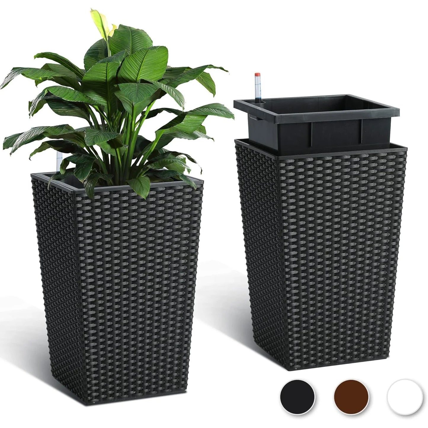 Outdoor Planters 16" Tall Flowers Plant Pots Set of 2 with Tray, Wicker Design & Water Level Gauge Indoor/Outdoor Garden Decor