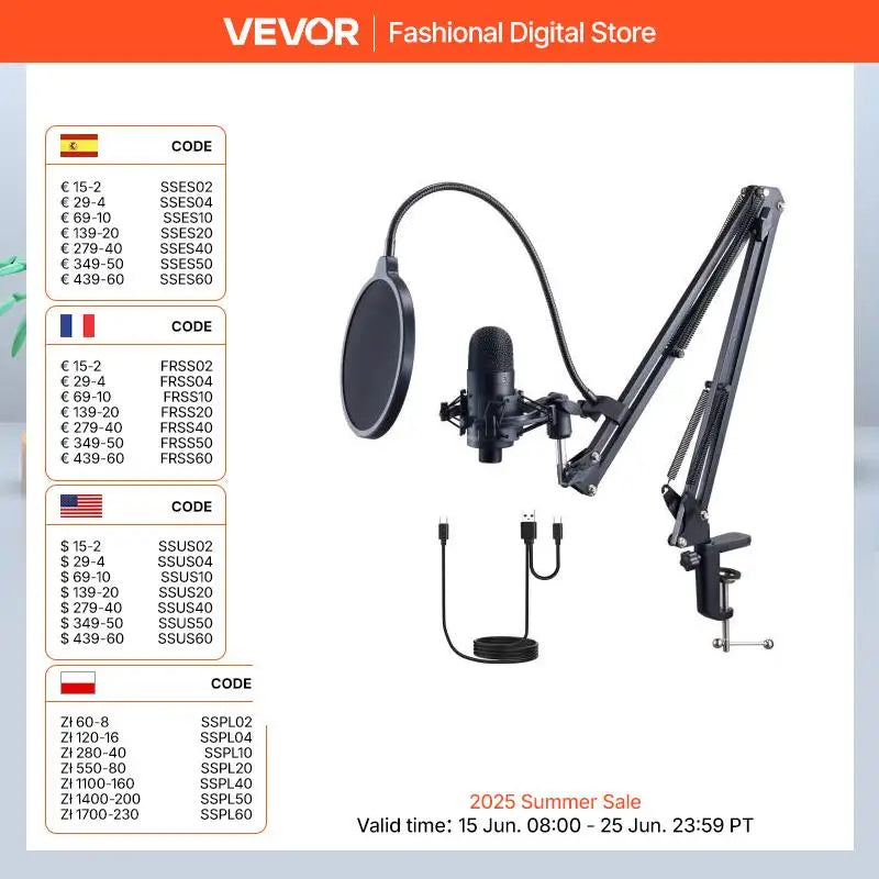VEVOR USB Microphone 192kHz/24-bit Professional Condenser Microphone Kit for Podcast Recording Video Gaming Singing Streaming